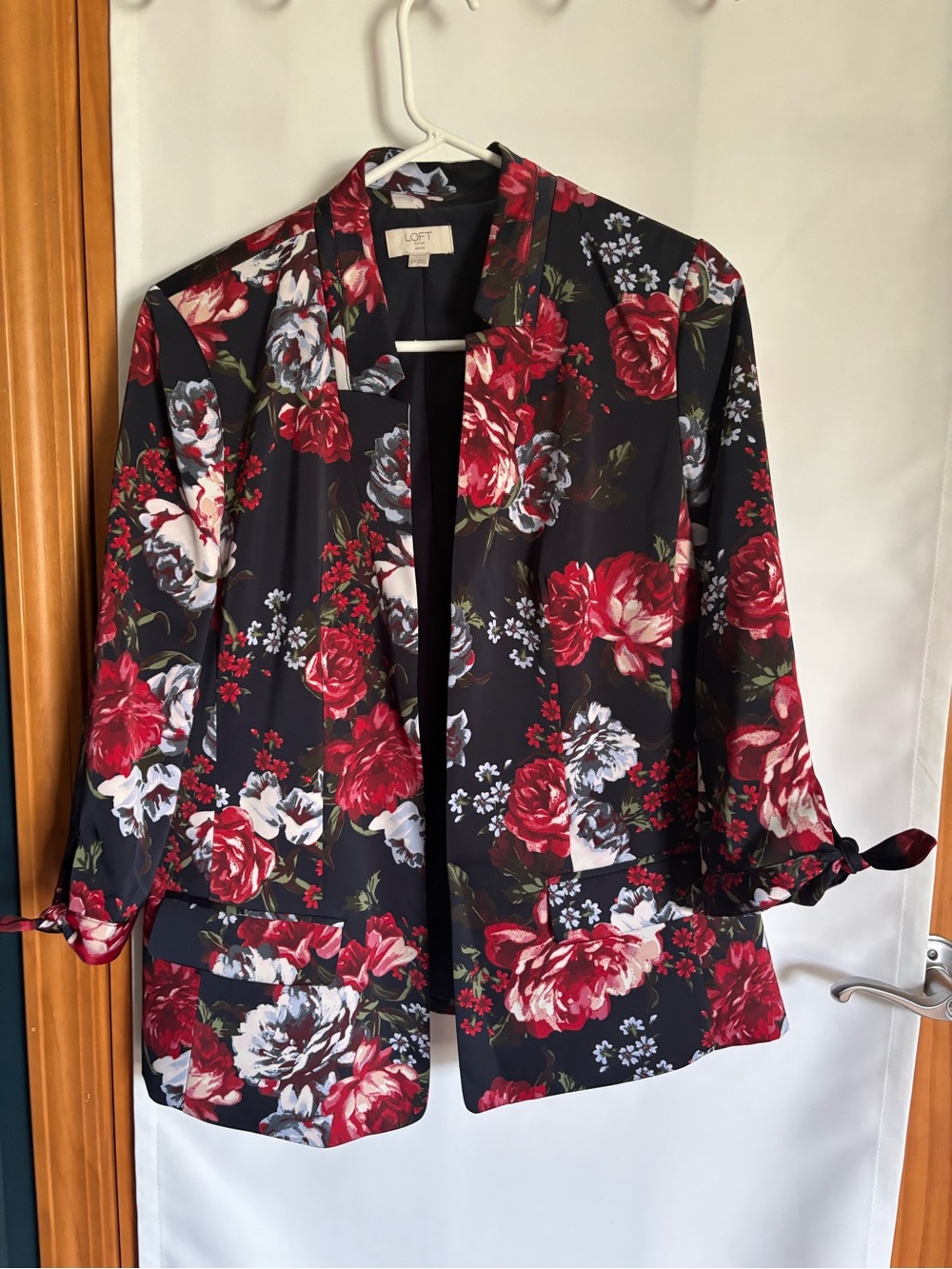 LOFT Black Floral Open-Front Blazer with Red & White Roses